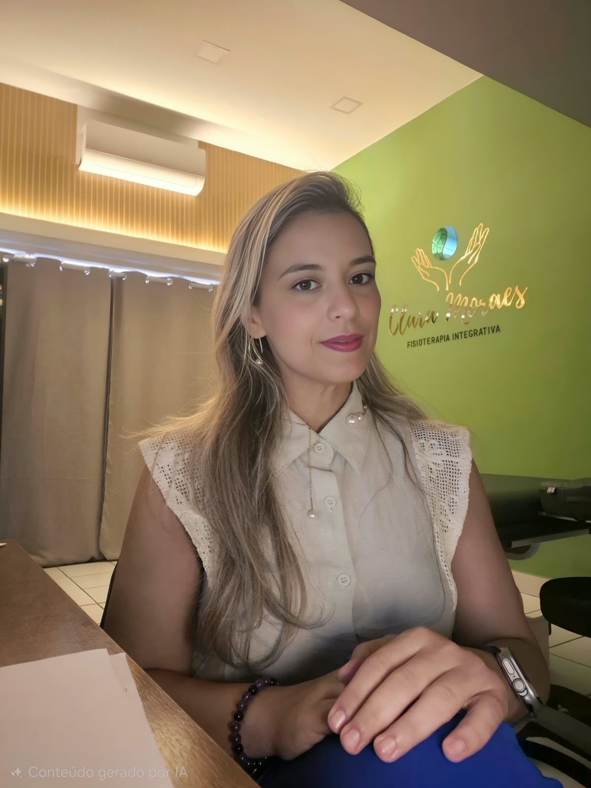 Dra. Clara Moraes em seu consultório de fisioterapia integrativa